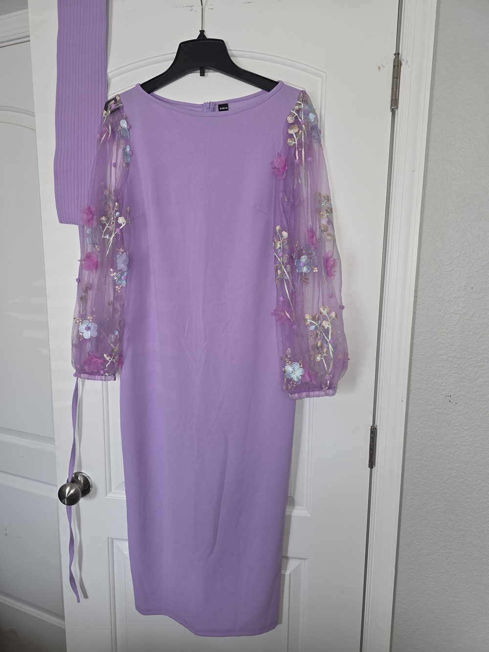 SHEIN Lavender Midi Dress with Sheer Embroidered Sleeves with Matching Belt